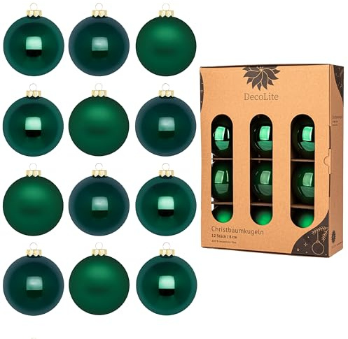 DecoLite Weihnachtskugeln Glas 8 cm, 12er Set, Grün Matt-Glänzend