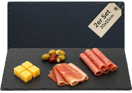 Schieferplatten eckig 30x15 cm Set aus 2 Servierplatten aus Schiefer für Käseplatte Tapasplatte Deko & HLKauf-Block