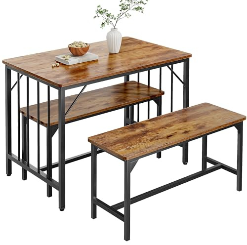 YITAHOME Juego de Mesa de Comedor y 2 sillas, Juego de Comedor de 3 Piezas con Banco, Juego de Mesa de Comedor Que Ahorra Espacio, Muebles de Comedor para Cocina, apartamento, marrón rústico