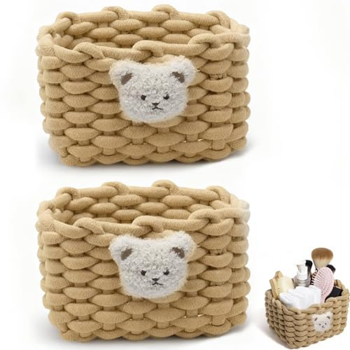 yolzhxe 2 Pce Panier Rangement Corde de Coton, Petit Panier Rangement Bébé | 20x15x13 cm Tissage Paniers de Décoration pour Chambre d'enfan, Salle de Bain, Chambre à Coucher, (Brun)
