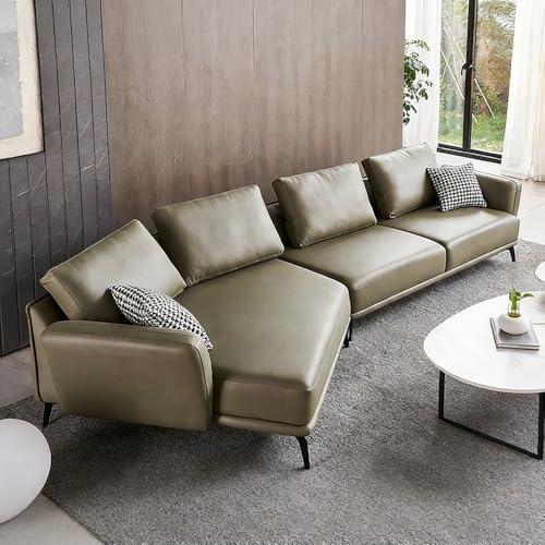 Lyxig, enkel hörnsoffa i italiensk stil med specialformad läderkant, rymlig och mjuk soffa med massiv träram, modern, stor storlek, lämplig för vardagsrum/kontor/lägenhet.