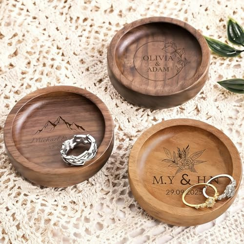 Personalized Engraved Wooden Wedding Ring Dish,Custom Round Walnut Display, Engagement Rings Holder, Ceremony Keepsake For Bride, Groom & Ring Bearer