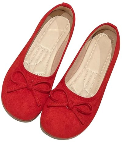 Women's Stylish Classic Fashion Lightweight Soft Suede Bow Ballet Flats Slip On Ballerina Dolly Shoes Versatile Casual Dressy Work Office Walking Daily Wear Comfortable Non Slip UK Size 7.5 Red