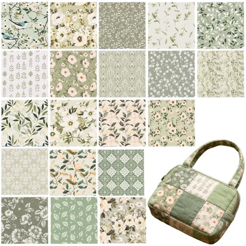 84Pcs Cotton Fabric Bundles for Sewing, 5x5 Inch Pre Cut Quilting Fabric Squares, Spring Floral Printed Patchwork Assortment for DIY Craft Project Party Decor(Sage Green)