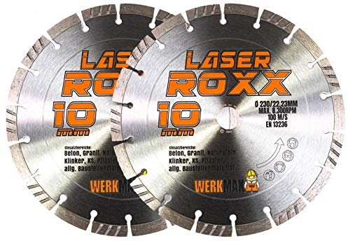 WERKMAX Diamanttrennscheiben 230 mm 2er Set – Laser ROXX Diamantscheibe für Beton, Granit, Naturstein & Klinker – Trennscheibe für Winkelschleifer 22,23 mm – Profi Diamantscheiben mit Wechselsegment