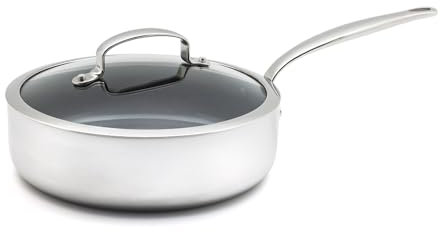 GreenPan Barcelona Evershine Tri-Ply Sartén Honda Antiadherente de Cerámica Reforzada con Diamantes de Acero Inoxidable de 24 cm/3,1 L con Tapa,Sin PFAS,Multicapa,Inducción,Horno,Lavavajillas,Plateada