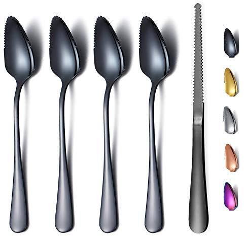 Schwarze Grapefruitlöffel 5-Teiliges Set, 4 Grapefruitlöffel aus Edelstahl und 1 Grapefruitmesser mit Titanbeschichtung, Grapefruit-Utensilenset, Gezackte Kanten Löffelpackung mit 5 Stück (Schwarz)