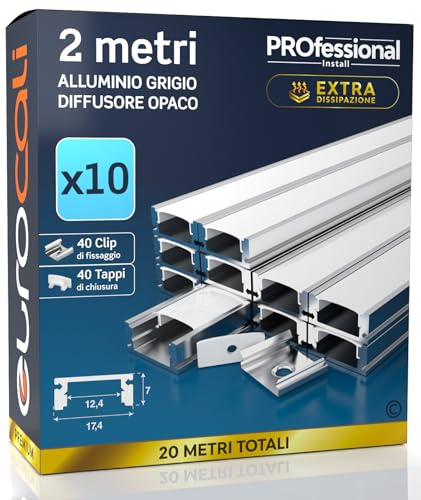 Eurocali 10x Profili da 2 metri (20mt) in Alluminio grigio per Strisce LED | Schermatura Opaca ingombro max striscia led 12.4mm - 17.4 x 7