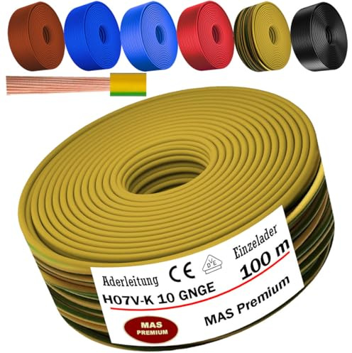 MAS Premium Von 5 bis 100m Aderleitung H07 V-K 10 mm² Schwarz, Braun, Dunkelblau, Grüngelb, Hellblau oder Rot Einzelader flexibel (Grüngelb, 100m)