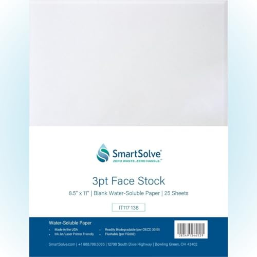 SmartSolve Vattenlösligt papper, 8,5 tum x 11 tum biologiskt nedbrytbart hantverkspapper, skrivarpapper och ritpapper, miljövänligt tryckpapper som löses upp i vatten (25 ark)