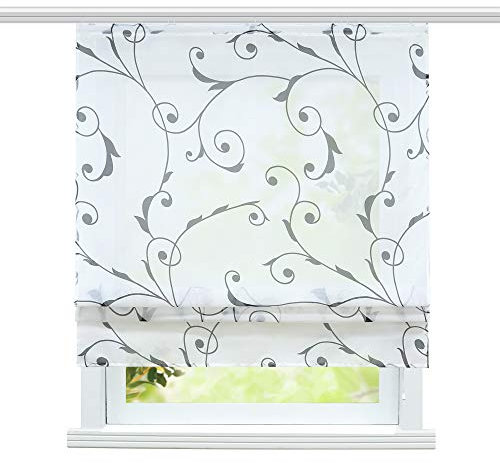 ESLIR Raffrollo Wohnzimmer Raffgardine mit Klettband Gardinen Küche Voile Transparente Bändchenrollo Modern Schwarz Ranken Muster BxH 60x140cm 1 Stück