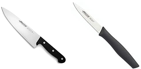 Arcos Cuchillo Universal Cocinero 200mm, Acero Inoxidable, Plateado, 200 mm + Serie Nova, Cuchillo Mondador, Hoja de Acero Inoxidable de 85 mm, Mango de Polipropileno Color Negro