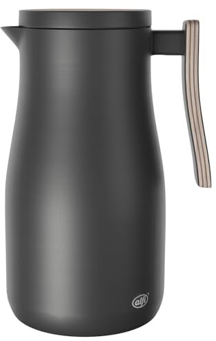 alfi STUDIO ALLURE 1,0l, schwarz matt mit Holz-Elementen, Isolierkanne aus doppelwandigem Edelstahl, Thermoskanne hält 12 Stunden warm, 24 Stunden kalt, Drehverschluss, Öffnung groß, BPA-frei