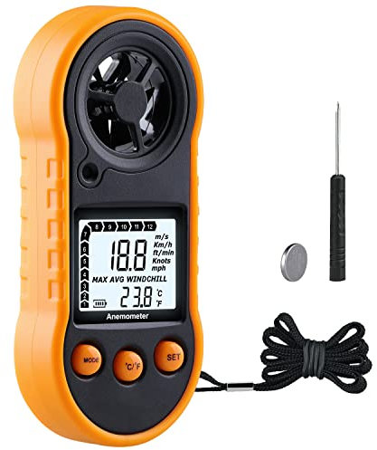 Digital Anemometer, LEERCHUANG Air Flow Meter with Backlight LCD, Wind Gauge Air Flow Velocity Measurement with Thermometer, Wind Measuring Tool for Sailing/Surfing/Fishing - Yellow