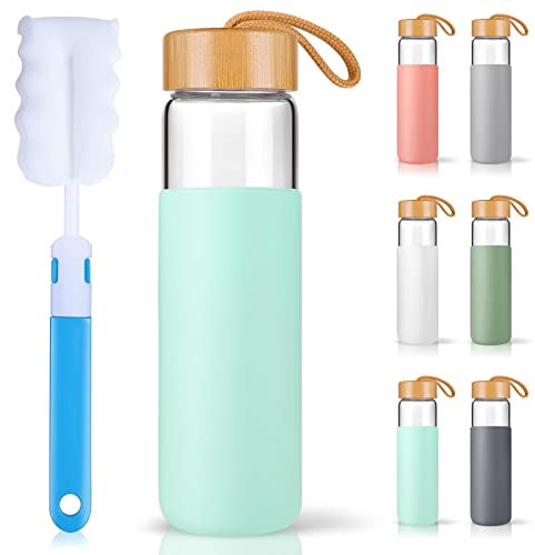 Yomious - Botella de agua de vidrio de 25 onzas con tapa de bambú, botellas de agua de vidrio borosilicato con manga, boca ancha y apto para lavaplatos, 1 cepillo para polvo adicional