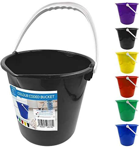 Colour Coded Plastic Bucket with Handle, 2 Gallon (10L) Household Heavy Duty Bucket with Spout and Easy-Grip Handle, Multipurpose Water Bucket for Cleaning, Bath, and Gardening (Black)