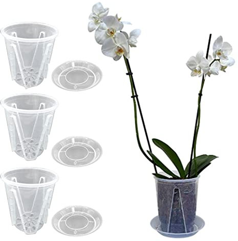 Towwoo Orchideentopf Transparent, 3 Stück Verdicken Kunststoff Pflanztöpfe, Durchmesser 14 cm, mit Drainagelöchern und Untersetzer, Blumentopf für Drinnen Draußen Pflanzen- und Blumenzucht