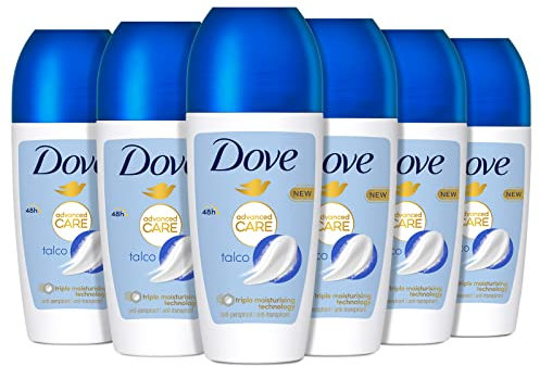 Dove, Deodorante Roll On Advanced Care Talco, Deodorante Antitraspirante, Formula Delicata Con Tripla Azione Idratante, Protezione Fino a 48 Ore, Deodorante Uomo e Donna, 6 Pezzi da 50 ml