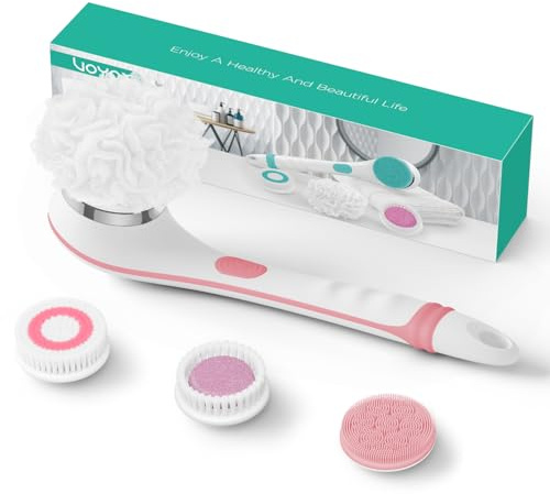 VOYOR ryggborste, duschborste, kroppsborste, elektrisk ryggborste med långt handtag, IPX7, vattentät, uppladdningsbar med 4 rengöringshuvuden, för spa, dusch, exfoliering, massageborste, BC100 (rosa)