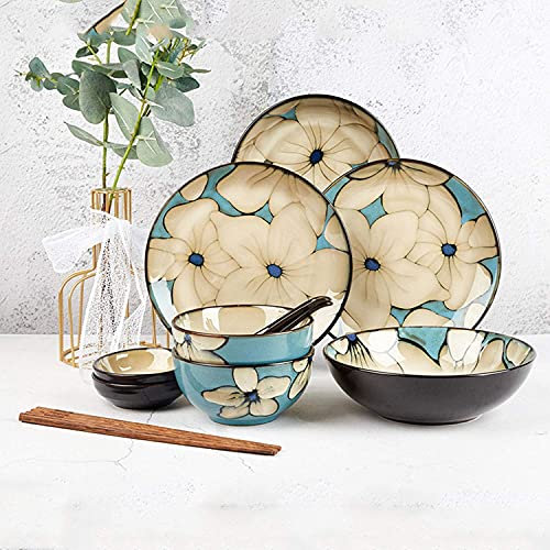 Juego de vajilla de Porcelana Juego de vajilla Pintada a Mano Cuenco de arroz Azul Cuenco de Sopa Plato de Cena Plato de Pescado Combinación de cerámica