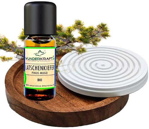 BIO Latschenkieferöl / 10ml + Duftstein & Holzteller im Set - 100% naturreines ätherisches bio Öl von WUNDERKRAFT.BIO, Aromatherapie & Diffuser geeignet
