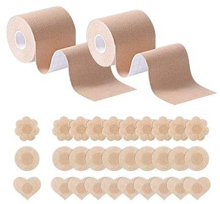 KBRPEY Cinta de Pecho Levantamiento de Senos Sujetador Adhesiva Push Up Boob Tape Sujetador Pegatinas Espalda Descubierta sin Tirantes de 30pcs Cubre Pezones para Copa A-E (Beige)