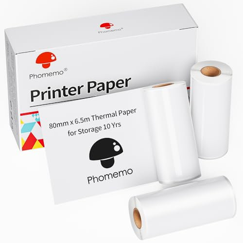 Phomemo 80mm Bedruckbares Thermopapier 3 Rollen, BPA Frei, Kompatibel mit Tragbaren Drucker Phomemo M832/M834 für Reisen, Zuhause, Foto, Rechnungen, 6.5M/Rolle