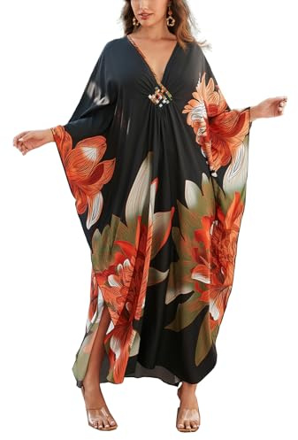 sunforyou Caftans for Women 4XL Black Elegant Moomoo Dresses70s Kaftan Print Colorful Floral Bikini Cover up Lightweight Loungewear(8693-34)