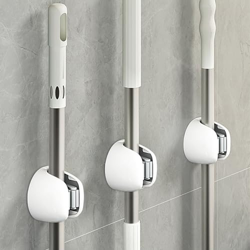 Zimoer 3 Stück Besen Halterung,Besenhalterung Wand Selbstklebend, Gerätehalter Wand Ohne Bohre für Zuhause, Küche, Badezimmer, Garage, Garten Besenmopphalter Ordentlicher Organizer(Grau-weiß)