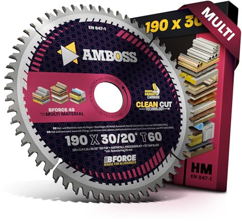 AMBOSS WERKZEUGE® - Hoja de sierra circular (190 x 30 mm, 20 dientes planos Z60, con chaflán intercambiable, para corte fino, hoja de sierra de 190 mm + anillo reductor 20 30 mm, 190 x 30 mm, 190 x 20