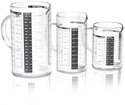 Arendo Set Glass Measuring jugs 350 + 500 ml 1000ml (0,35l 0,5l 1l) with Measurements displayed, Transparent Kitchen Measuring jug, Borosilicate Glass, Silicone Seal, Beaker with lid