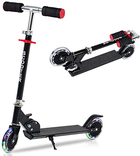 AKOZLIN Trottinette pliable pour enfants - 3 hauteurs réglables - Roues lumineuses - Cadre en alliage d'aluminium léger avec béquille pour enfants de 3 à 8 ans, charge maximale de 50 kg, noir