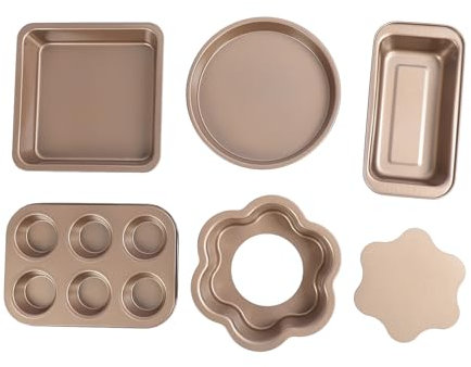 6-teiliges Backformen-Set, Antihaft-Backformen-Set aus Kohlenstoffstahl mit Losem Boden, Muffinförmchen, Kuchenformen, Backformen, Muffinformen, Tablett, Bräter, Kuchenform für Küche,(Golden)