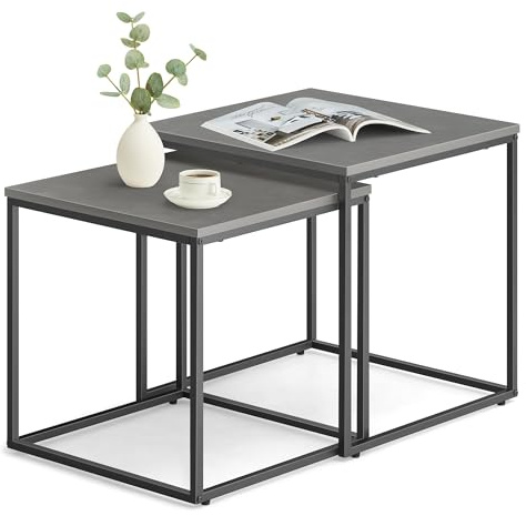 Home Collective Couchtisch 2er Set Quadratisch Beistelltisch Loft Design 2 in 1 Verschachtelung Kratzfeste Oberfläche, Wohnzimmer | 50cm und 45cm Breit Zement-Grau mit schwarzen Beinen