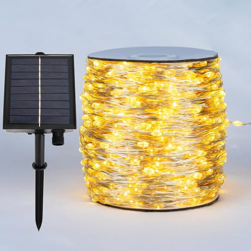 ZELUXDOT 200FT 600LEDs Fairy Lights Solar Powered,Silver Wire,Warm White