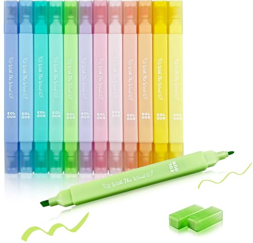 YOSKAEDI överstrykningspenna pastellset, 12 stycken pastellöverstrykningspenna dubbelspets 'No Bleed and Dry snabbt lysande pennor bibeln märkpennor pennor, mycket lämplig för skolmaterial för lärande