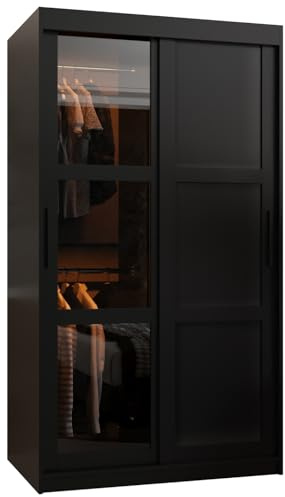 ABIKSMEBLE Dome 3 Armoire à Deux Portes Coulissantes, Barres et Étagères - Armoire de Rangement avec Verre Fumé pour Chambre, Salon - 200x100x62 cm - Noir