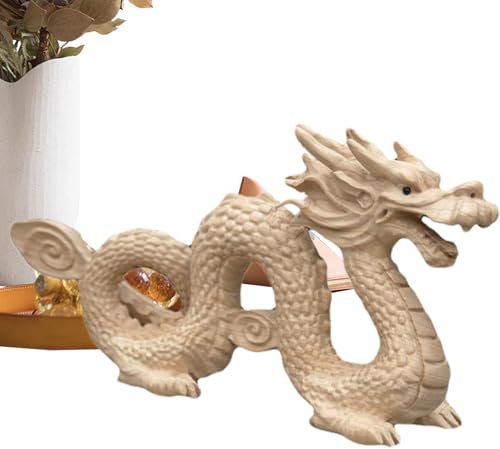 Kioriur Sculpture de dragon chinois - Statue de dragon sculptée à la main - Figurine de dragon en bois couleur pêche artistique de 10 cm - Dragon du zodiaque - Sculpture de dragon - Sculpture de