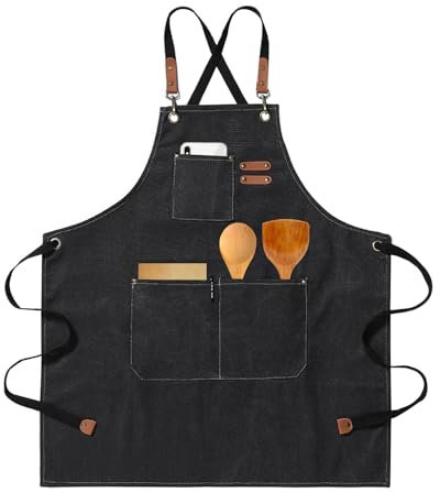 HIUOUIH Grembiule Cucina Grembiule Barbecue Uomo Regolabile Grembiule da Lavoro Donna con 3 Tasche Grembiuli in Tela Chef per Ristorante Bar Ristorante Pittura, Nero