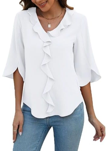 ABINGOO Mujer Gasa Blusas Manga 3/4 Cuello en V Volantes Shirt Elegante Verano Color Sólido Túnica Casual Camiseta(Blanco,M)