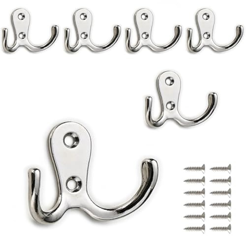 PAIDASHU 6-Pack Double Coat Hooks, Metal Hooks, Wall-Mounted Coat Hooks with Screws for Hanging Clothes, Hats, Towels, Keys, Kitchenware, for Living Room, Bedroom, Bathroom, Kitchen (Silvery)