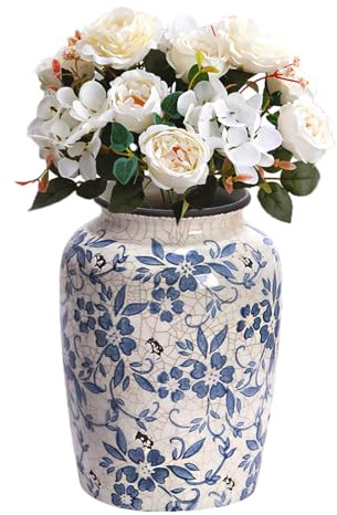 Jarrones Chinos Porcelana Blanco y Azul, Jarrones Decorativos Pequeños de Cerámica, Jarrón Flores Vintage Hecho a Mano con Grieta Esmalte para Decoración del Hogar, Oficina 14,5 x 20 cm (M)