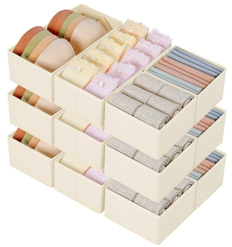 Homsorout Schubladen Kleiderschrank Organizer - 12 Stück Faltbare Unterwäsche Organizer Aufbewahrungsbox Stoff Schubladen Ordnungssystem für Hosen, Kleidung, Socken, Beige