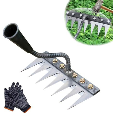 Rastrillo de Hierro para jardinería y deshierbe, Ironrake 2.0, rastrillo de deshierbe de Hierro Mejorado, rastrillo escarificador, rastrillo de jardín de Acero al Carbono (7 Dientes)
