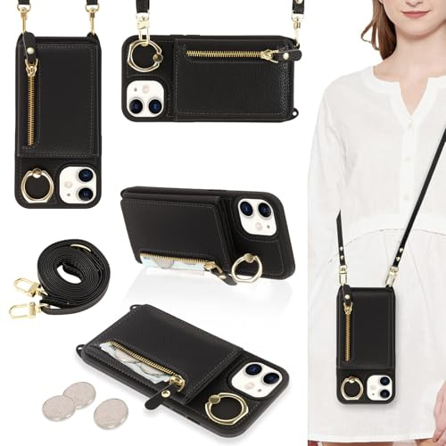 Jrkvniv Coque pour iPhone 11 avec Cordon, Collier Sangle Réglable Flip Portefeuille Étui Cuir avec Anneau, Protection Housse avec Porte Carte Pochette pour iPhone 11 6.1, Noir