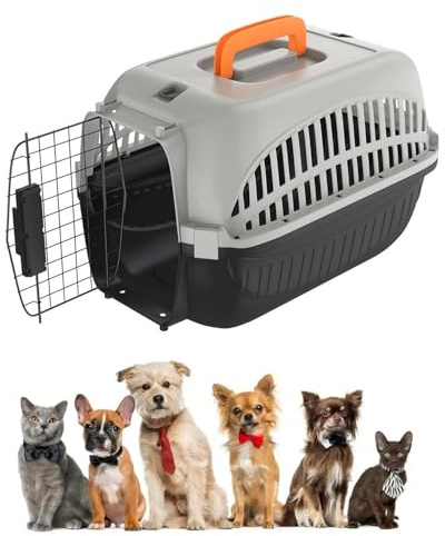 UISEBRT Kattransportbur, transportbur katt med metalldörr fram djurtransportbur, transportbur hund för små husdjur/katter/hund/kanin upp till 10 kg, grå + svart