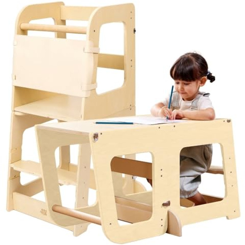 Torre Montessori per Bambini 2-in-1 | Torretta Apprendimento in Legno Naturale - Convertibile in Scrivania & Sgabello - Sicura ed Evolutiva, 12M+ - Teedum® (Legno naturale)