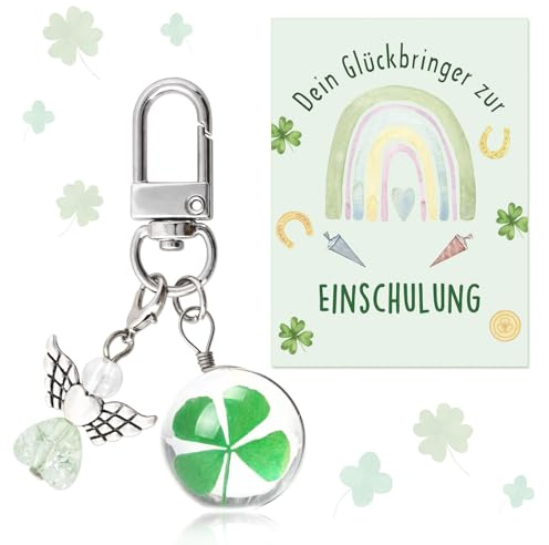 ZJKUBOIS Glücksbringer Schulanfang Kleeblatt Schlüsselanhänger,Schulkind Mutmacher Geschenke zur Einschulung mit Schutzengel Anhänger, Ideen Füllung Schultüte, Schulstart Geschenke für Jungen Mädchen