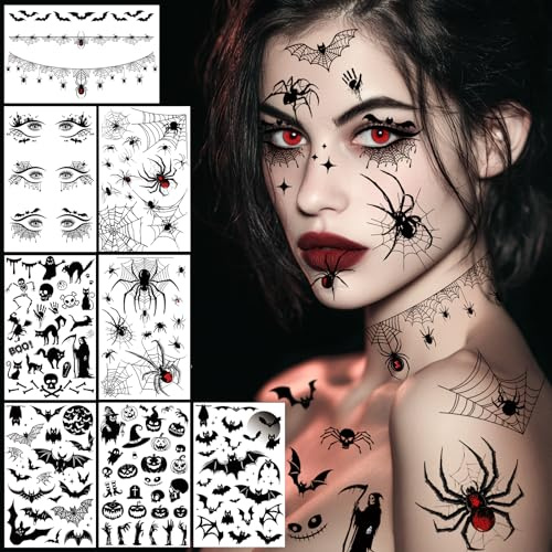 Halloween Tattoo Gesicht, 8 Blatt große Größe 3D Gesichtsaufkleber Fledermäuse Spinnen und Augen Halskette Tattoo, Vampir Hexen Halloween Kostüm Zubehör für Jugendliche und Erwachsene