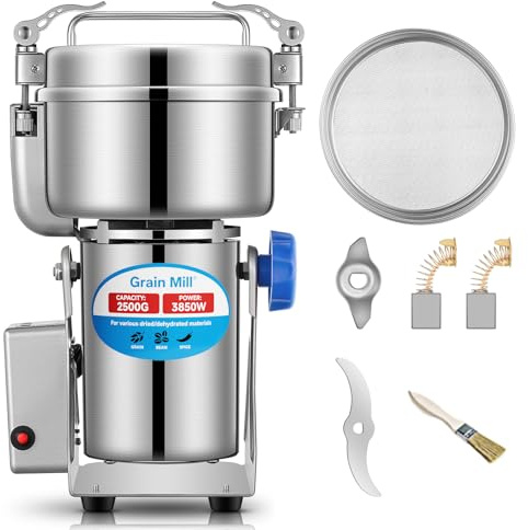 Electric Grain Mill for Flour 2500g, Flour Mill Swing 3850W, Upgrade Stainless Steel Flour Mill, High-speed Spice Herb, Commercial Superfine Machine, Dry Cereals Pulverizer